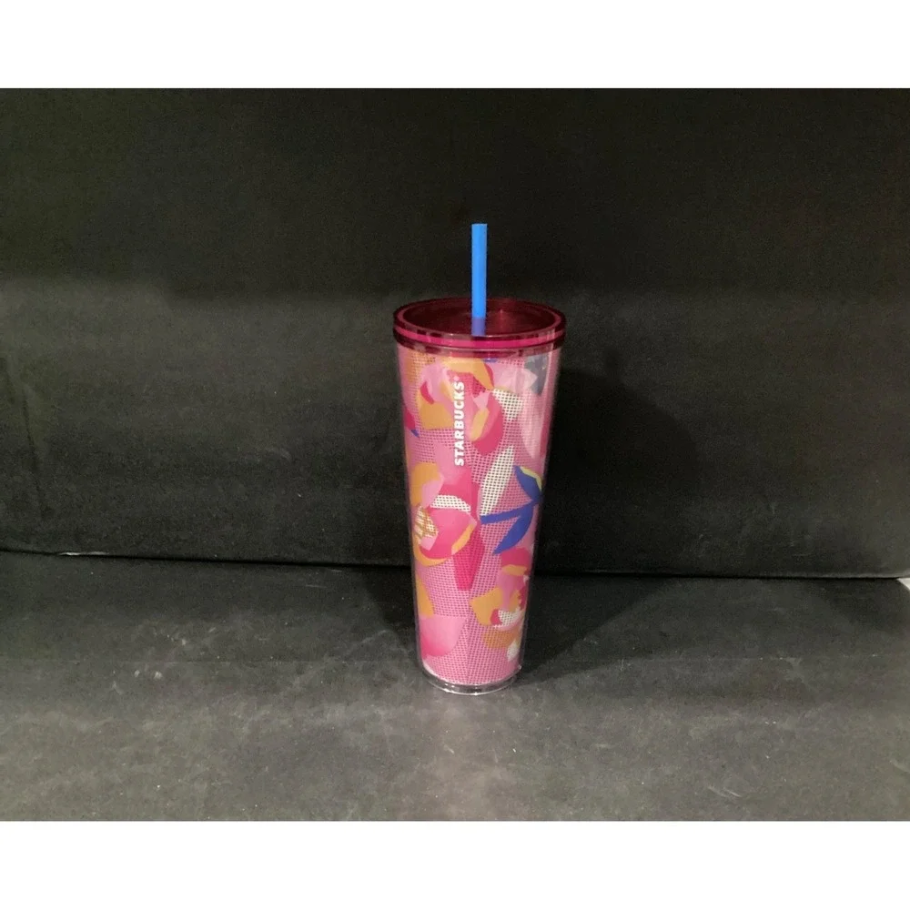 STARBUCKS Spring 2023 Pink Floral Cold Cup Tumbler Venti‎ 24 oz Blue Straw